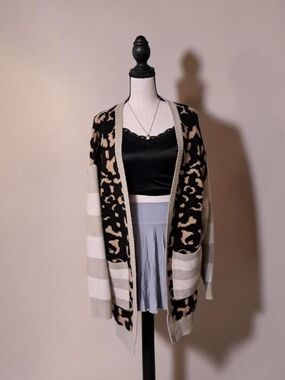 white birch Beige and Black Leopard-Stripe Open Cardigan